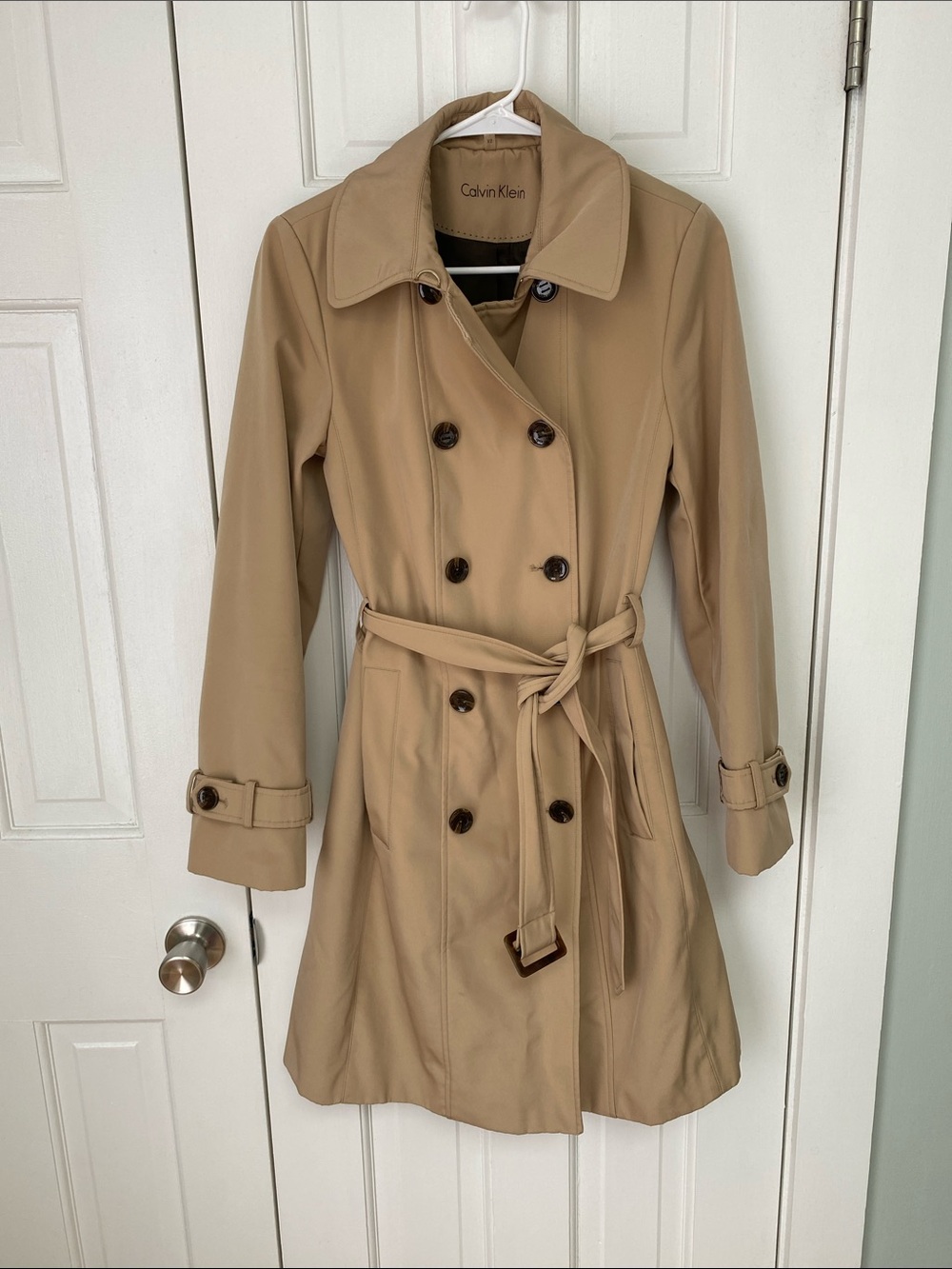 Calvin Klein Beige Double-Breasted Trench Coat with Waist Tie